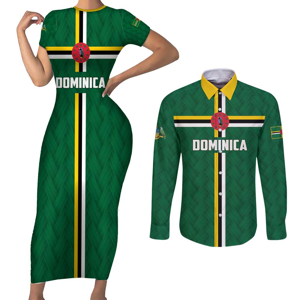 Custom Football Dominica Couples Matching Short Sleeve Bodycon Dress and Long Sleeve Button Shirt Los Pericos Go Champions - Wonder Print Shop