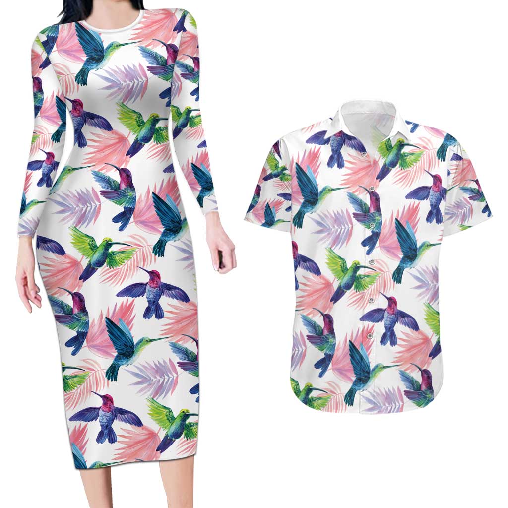 Hummingbirds Colorful Couples Matching Long Sleeve Bodycon Dress and Hawaiian Shirt Unique Stylized - Wonder Print Shop