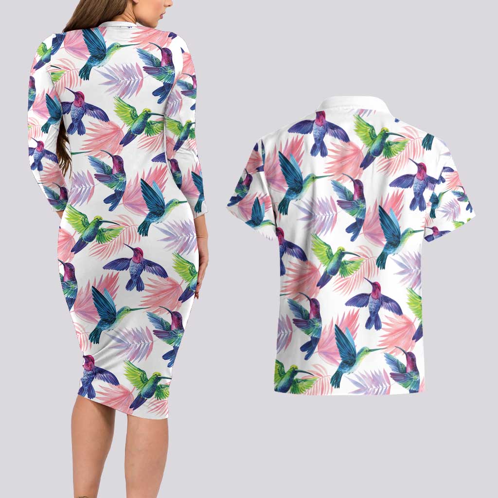 Hummingbirds Colorful Couples Matching Long Sleeve Bodycon Dress and Hawaiian Shirt Unique Stylized - Wonder Print Shop