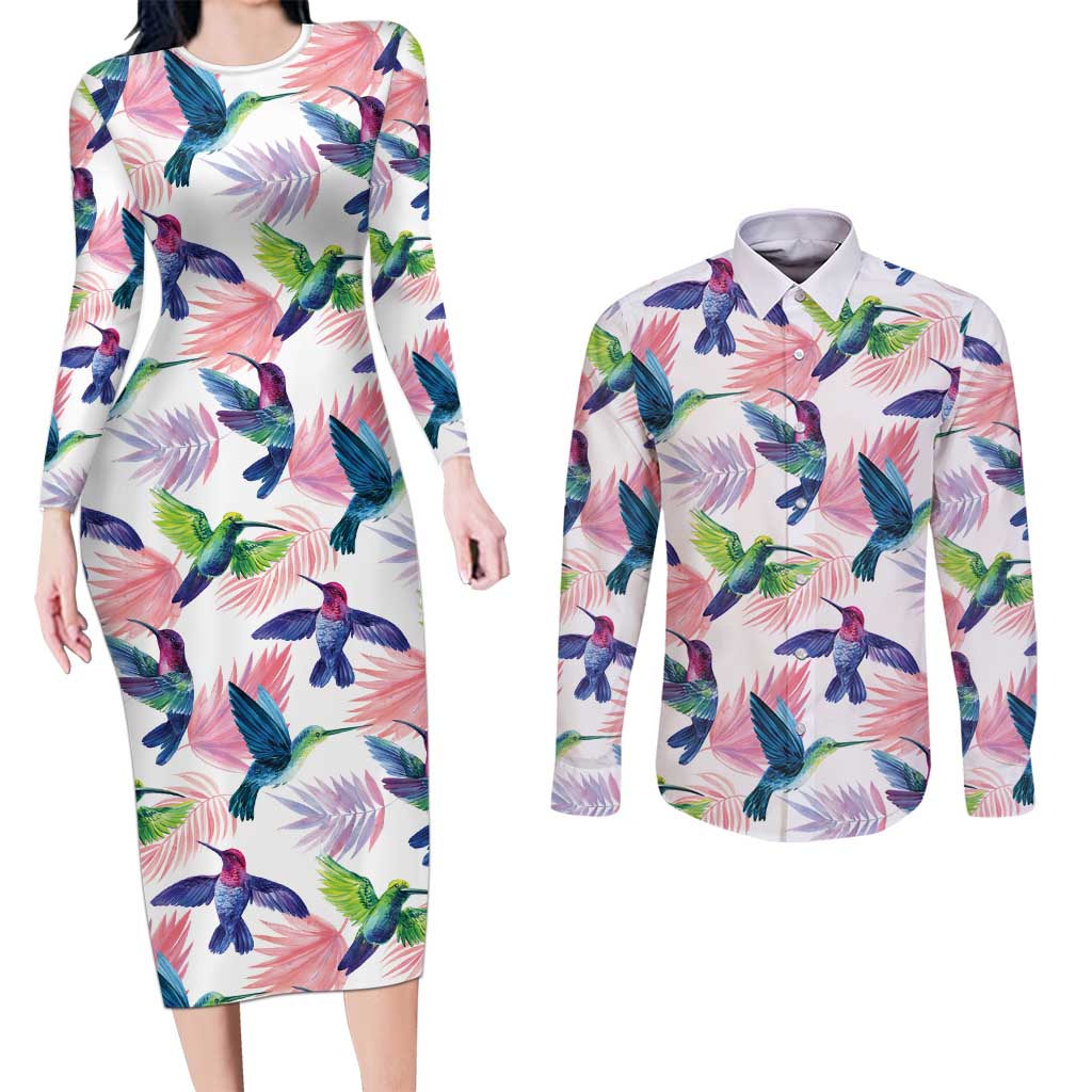 Hummingbirds Colorful Couples Matching Long Sleeve Bodycon Dress and Long Sleeve Button Shirt Unique Stylized - Wonder Print Shop