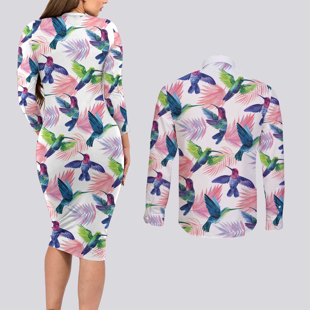 Hummingbirds Colorful Couples Matching Long Sleeve Bodycon Dress and Long Sleeve Button Shirt Unique Stylized - Wonder Print Shop