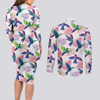 Hummingbirds Colorful Couples Matching Long Sleeve Bodycon Dress and Long Sleeve Button Shirt Unique Stylized - Wonder Print Shop