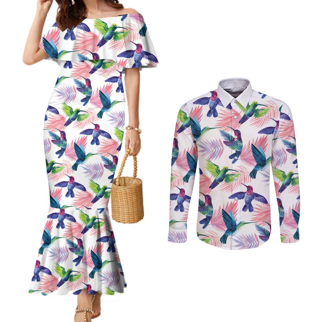 Hummingbirds Colorful Couples Matching Mermaid Dress and Long Sleeve Button Shirt Unique Stylized - Wonder Print Shop