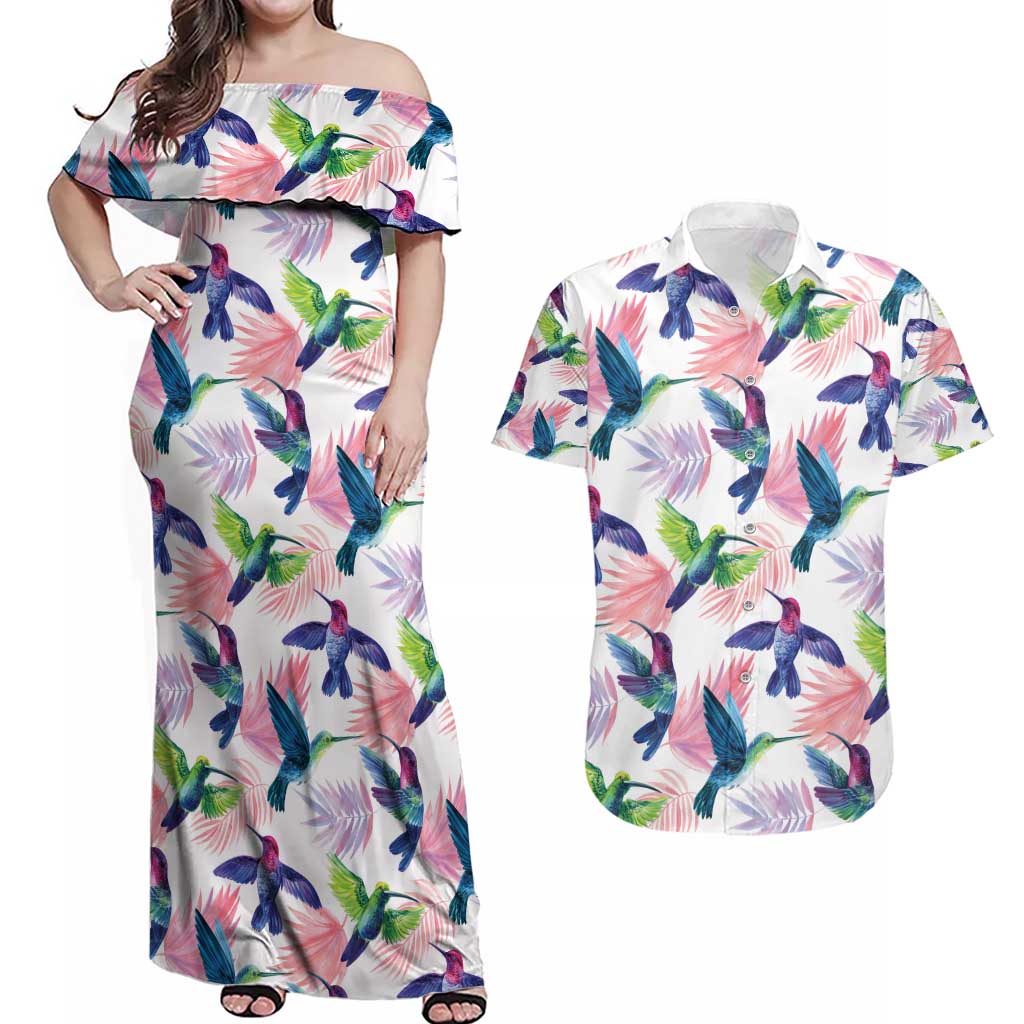 Hummingbirds Colorful Couples Matching Off Shoulder Maxi Dress and Hawaiian Shirt Unique Stylized - Wonder Print Shop
