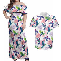 Hummingbirds Colorful Couples Matching Off Shoulder Maxi Dress and Hawaiian Shirt Unique Stylized - Wonder Print Shop