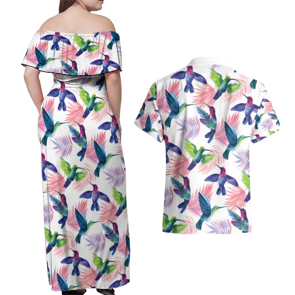 Hummingbirds Colorful Couples Matching Off Shoulder Maxi Dress and Hawaiian Shirt Unique Stylized - Wonder Print Shop