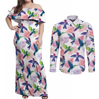 Hummingbirds Colorful Couples Matching Off Shoulder Maxi Dress and Long Sleeve Button Shirt Unique Stylized - Wonder Print Shop