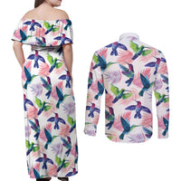 Hummingbirds Colorful Couples Matching Off Shoulder Maxi Dress and Long Sleeve Button Shirt Unique Stylized - Wonder Print Shop