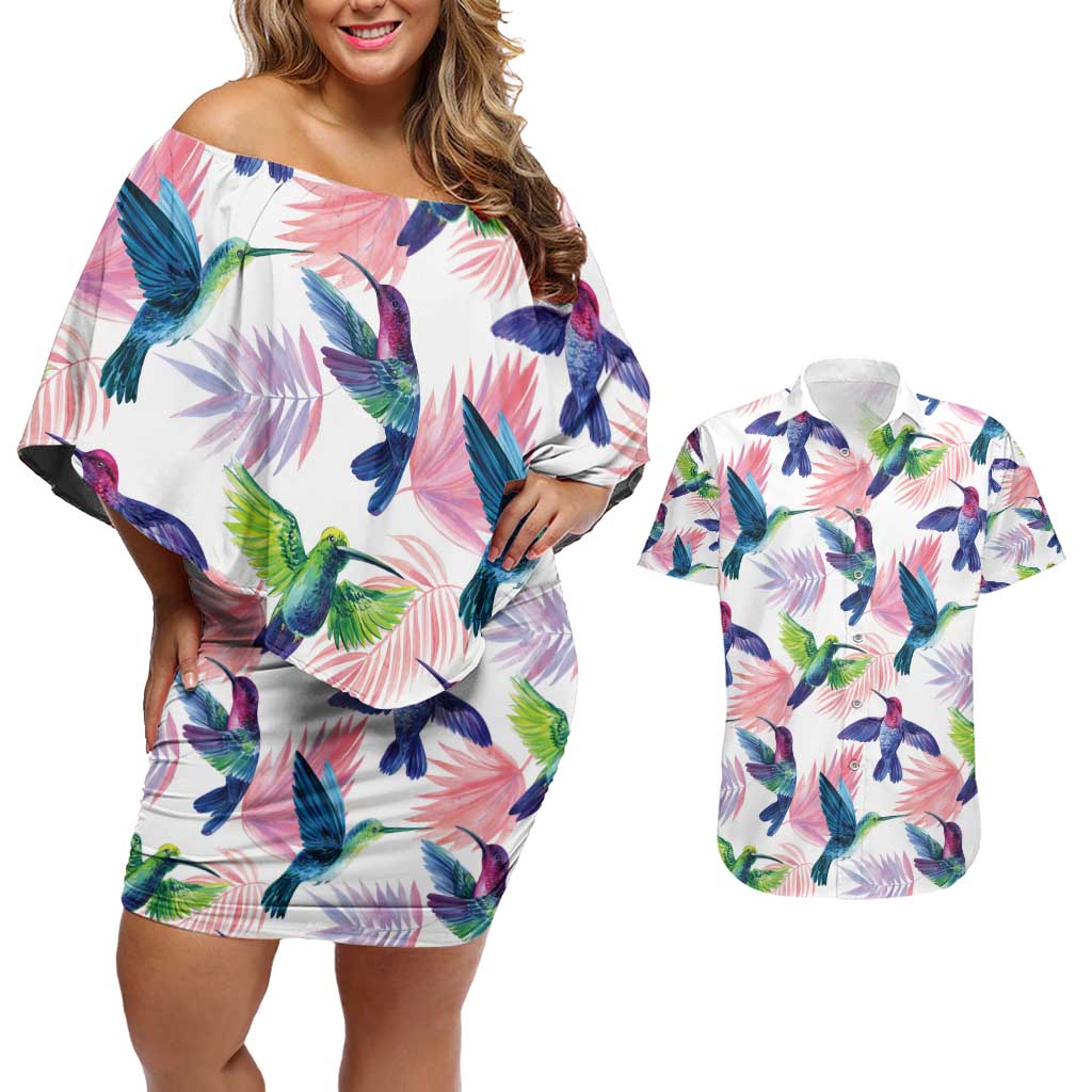 Hummingbirds Colorful Couples Matching Off Shoulder Short Dress and Hawaiian Shirt Unique Stylized - Wonder Print Shop