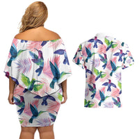 Hummingbirds Colorful Couples Matching Off Shoulder Short Dress and Hawaiian Shirt Unique Stylized - Wonder Print Shop