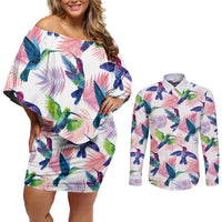 Hummingbirds Colorful Couples Matching Off Shoulder Short Dress and Long Sleeve Button Shirt Unique Stylized - Wonder Print Shop