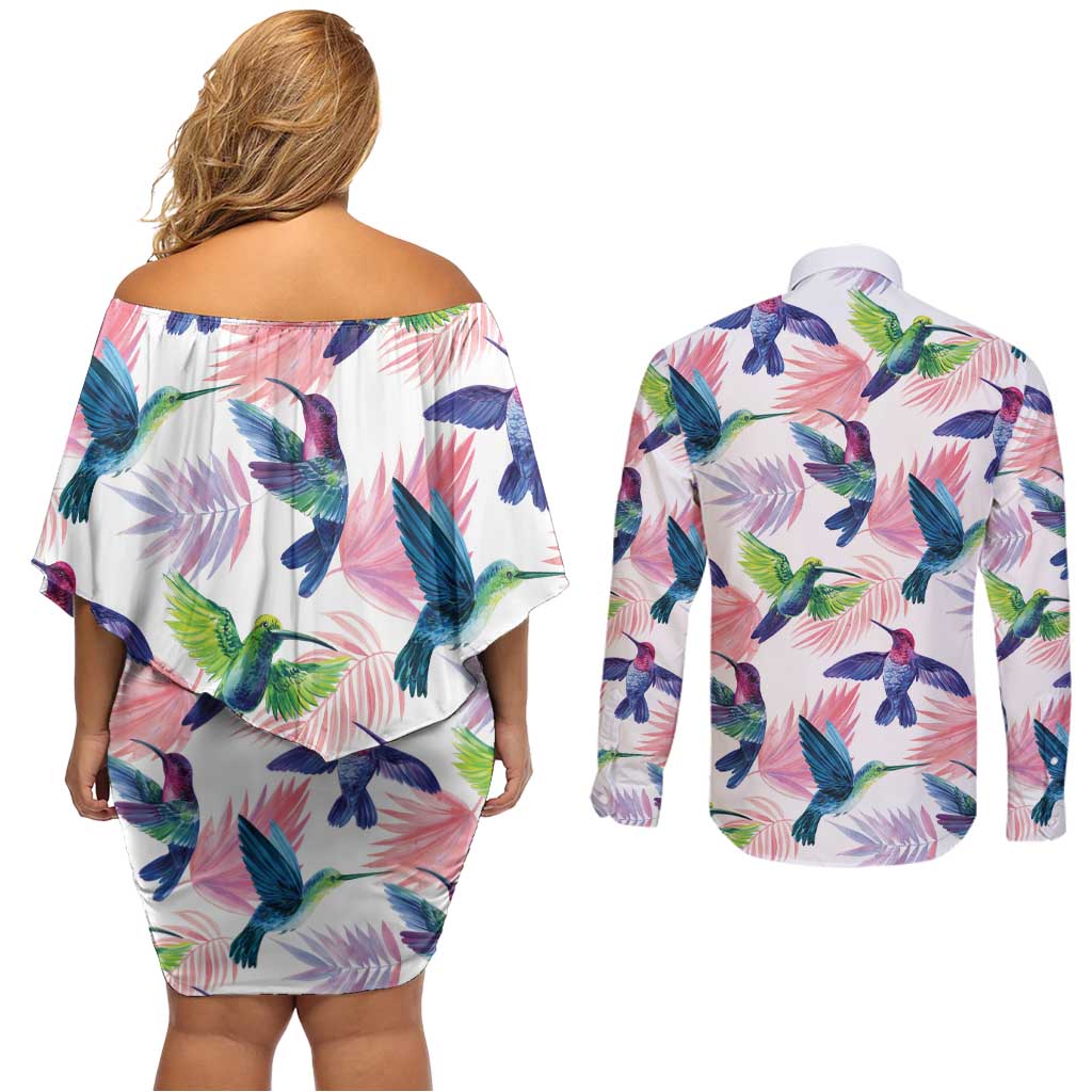 Hummingbirds Colorful Couples Matching Off Shoulder Short Dress and Long Sleeve Button Shirt Unique Stylized - Wonder Print Shop