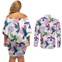 Hummingbirds Colorful Couples Matching Off Shoulder Short Dress and Long Sleeve Button Shirt Unique Stylized - Wonder Print Shop