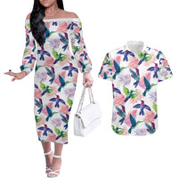 Hummingbirds Colorful Couples Matching Off The Shoulder Long Sleeve Dress and Hawaiian Shirt Unique Stylized - Wonder Print Shop