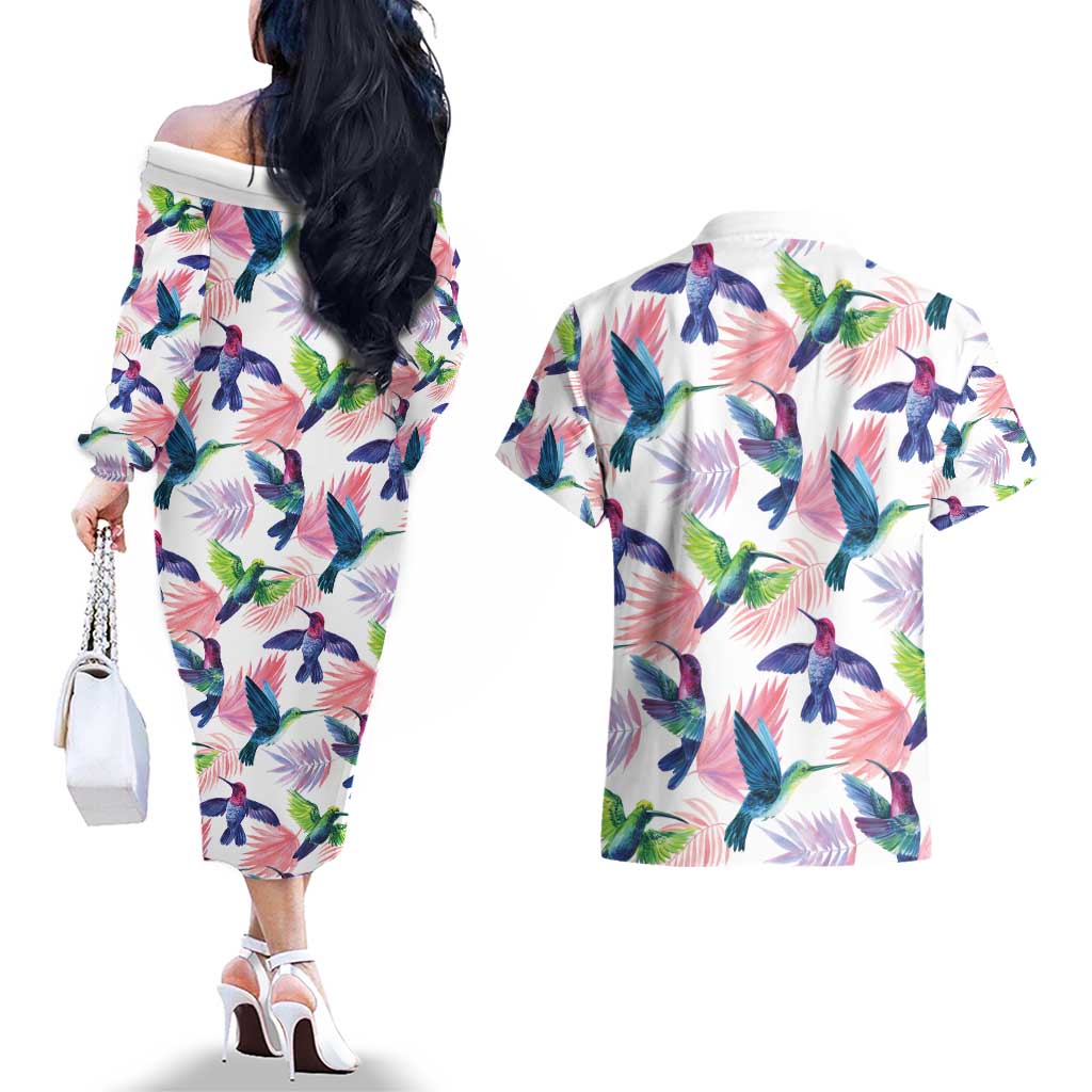 Hummingbirds Colorful Couples Matching Off The Shoulder Long Sleeve Dress and Hawaiian Shirt Unique Stylized - Wonder Print Shop