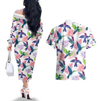 Hummingbirds Colorful Couples Matching Off The Shoulder Long Sleeve Dress and Hawaiian Shirt Unique Stylized - Wonder Print Shop