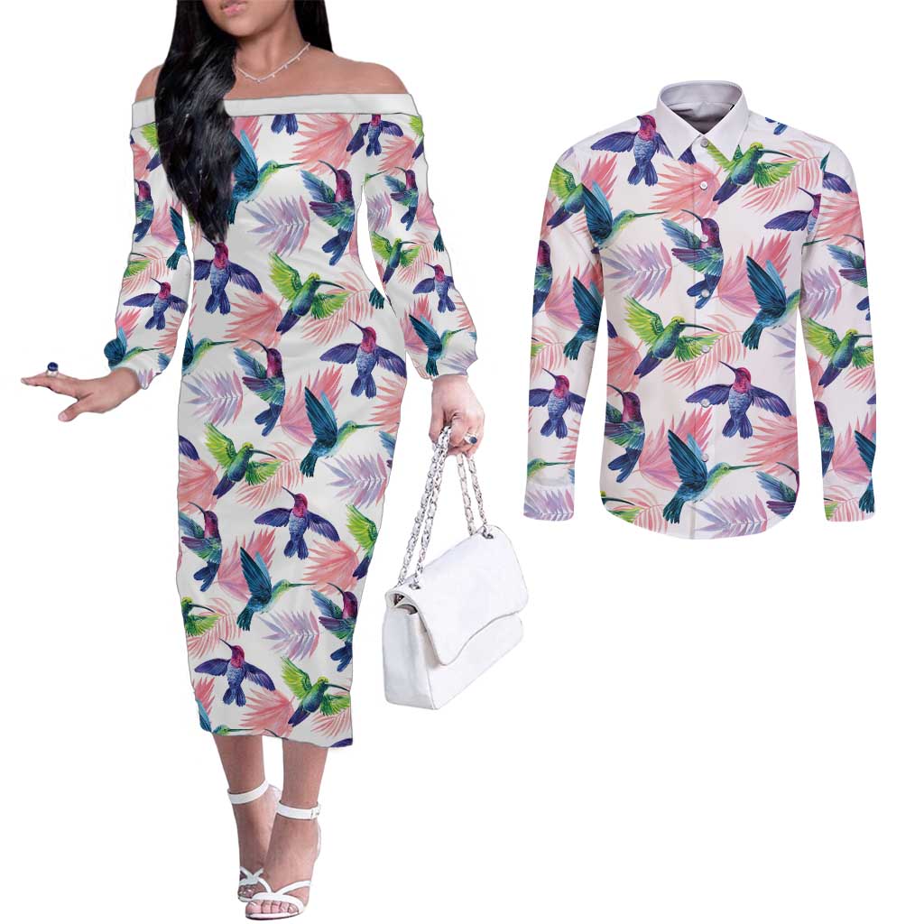 Hummingbirds Colorful Couples Matching Off The Shoulder Long Sleeve Dress and Long Sleeve Button Shirt Unique Stylized - Wonder Print Shop
