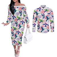 Hummingbirds Colorful Couples Matching Off The Shoulder Long Sleeve Dress and Long Sleeve Button Shirt Unique Stylized - Wonder Print Shop