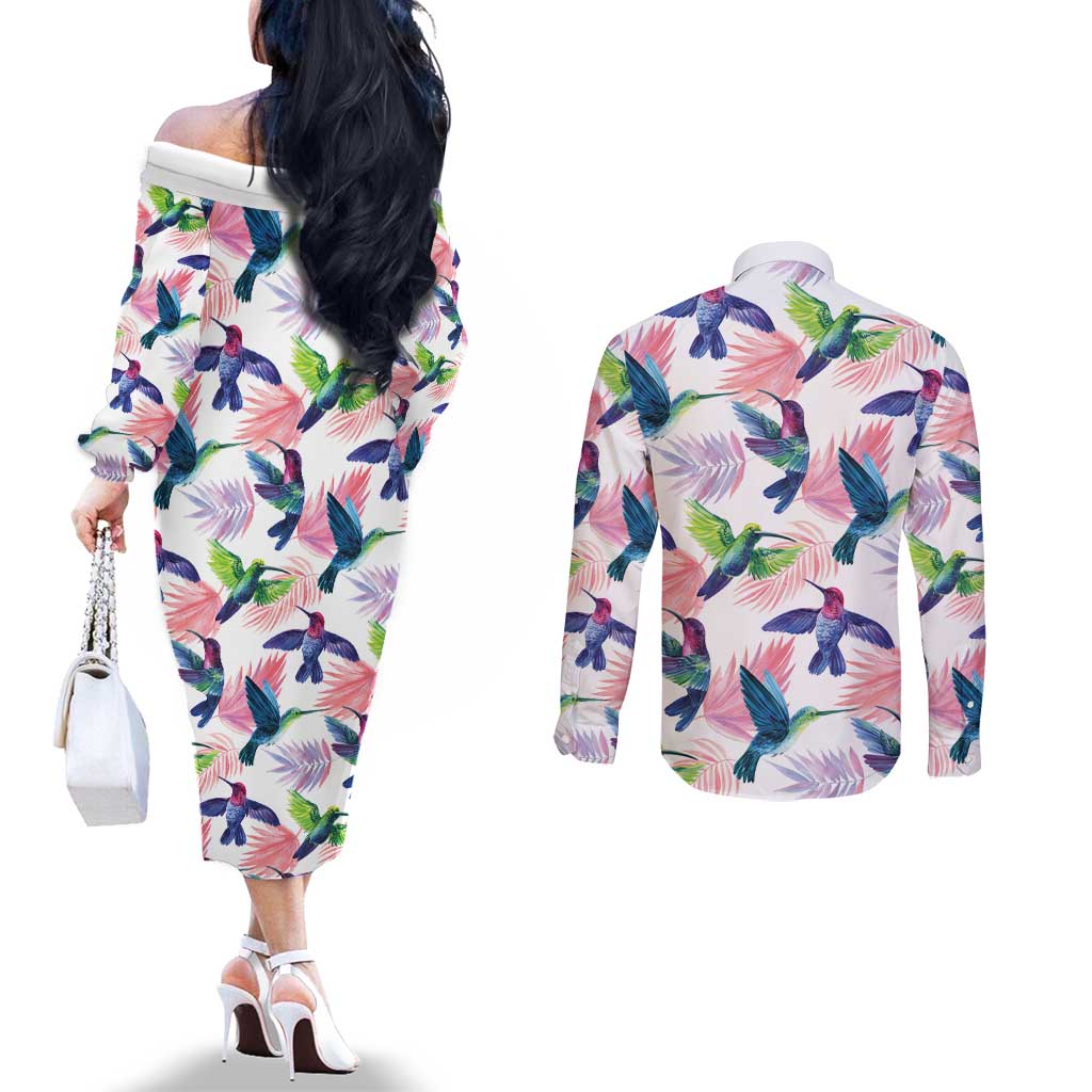 Hummingbirds Colorful Couples Matching Off The Shoulder Long Sleeve Dress and Long Sleeve Button Shirt Unique Stylized - Wonder Print Shop