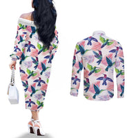 Hummingbirds Colorful Couples Matching Off The Shoulder Long Sleeve Dress and Long Sleeve Button Shirt Unique Stylized - Wonder Print Shop