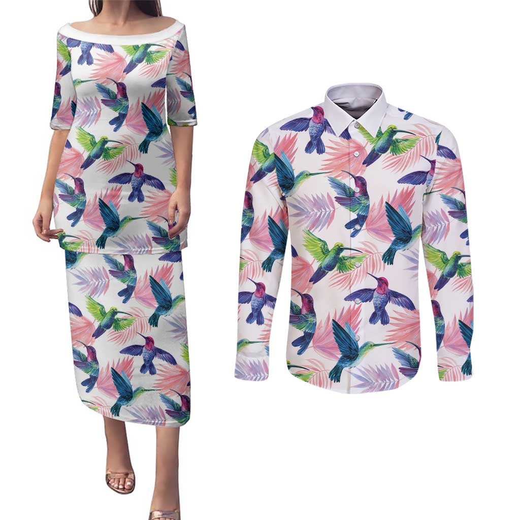 Hummingbirds Colorful Couples Matching Puletasi and Long Sleeve Button Shirt Unique Stylized - Wonder Print Shop