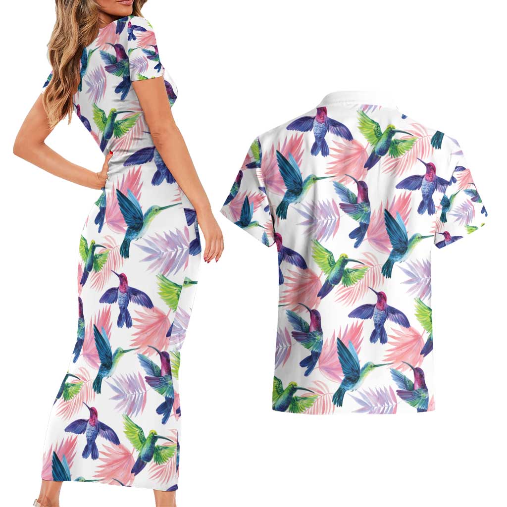 Hummingbirds Colorful Couples Matching Short Sleeve Bodycon Dress and Hawaiian Shirt Unique Stylized - Wonder Print Shop