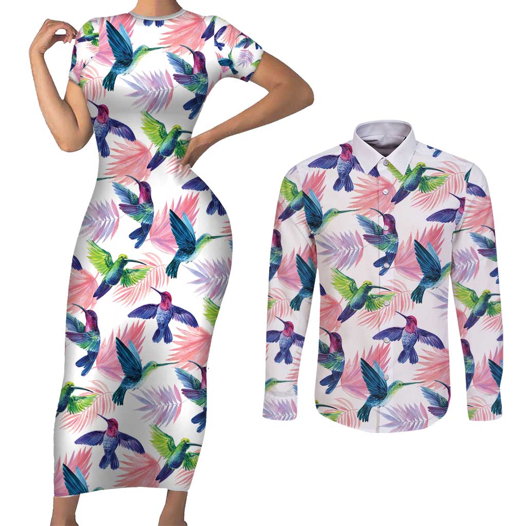 Hummingbirds Colorful Couples Matching Short Sleeve Bodycon Dress and Long Sleeve Button Shirt Unique Stylized - Wonder Print Shop