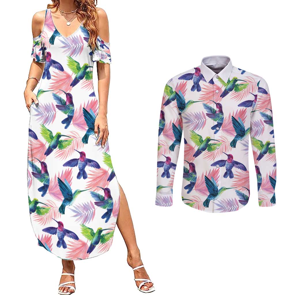 Hummingbirds Colorful Couples Matching Summer Maxi Dress and Long Sleeve Button Shirt Unique Stylized - Wonder Print Shop