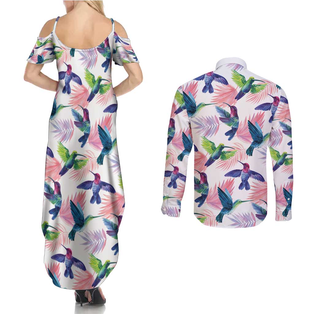 Hummingbirds Colorful Couples Matching Summer Maxi Dress and Long Sleeve Button Shirt Unique Stylized - Wonder Print Shop