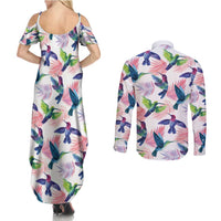 Hummingbirds Colorful Couples Matching Summer Maxi Dress and Long Sleeve Button Shirt Unique Stylized - Wonder Print Shop