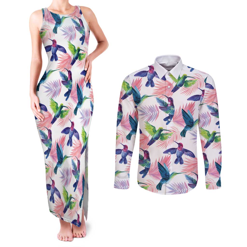 Hummingbirds Colorful Couples Matching Tank Maxi Dress and Long Sleeve Button Shirt Unique Stylized - Wonder Print Shop