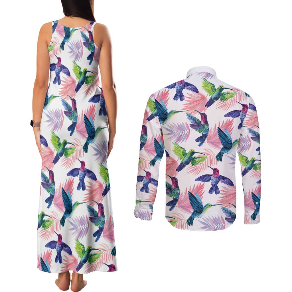 Hummingbirds Colorful Couples Matching Tank Maxi Dress and Long Sleeve Button Shirt Unique Stylized - Wonder Print Shop
