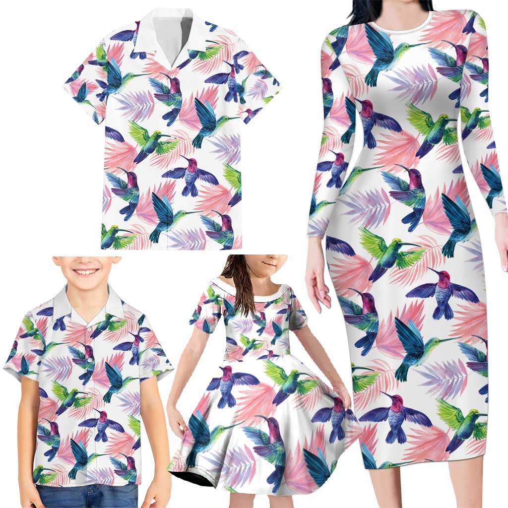 Hummingbirds Colorful Family Matching Long Sleeve Bodycon Dress and Hawaiian Shirt Unique Stylized - Wonder Print Shop