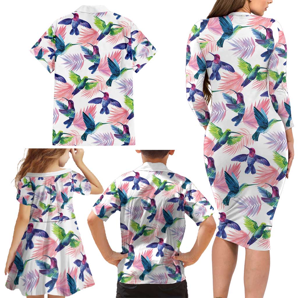 Hummingbirds Colorful Family Matching Long Sleeve Bodycon Dress and Hawaiian Shirt Unique Stylized - Wonder Print Shop