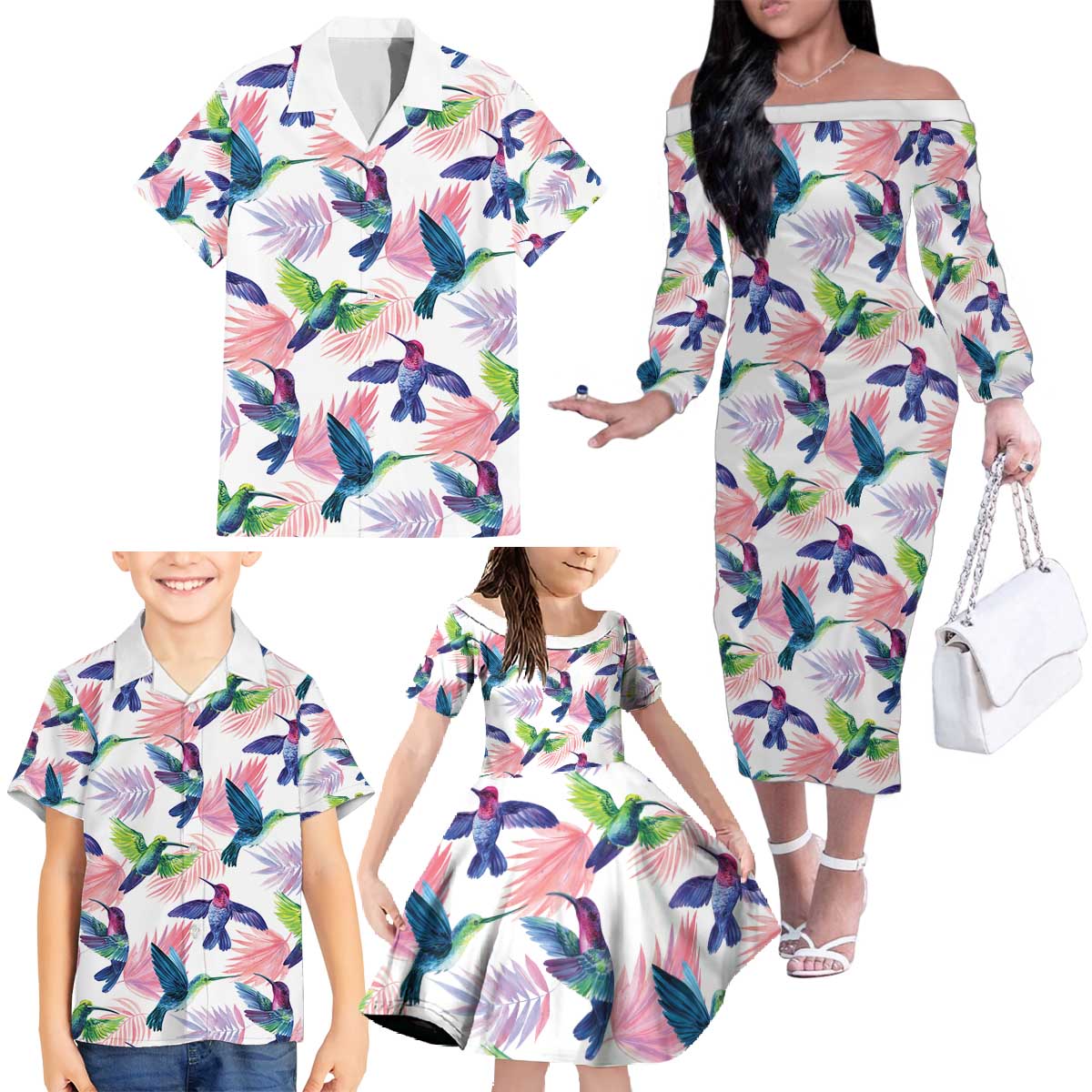 Hummingbirds Colorful Family Matching Off The Shoulder Long Sleeve Dress and Hawaiian Shirt Unique Stylized - Wonder Print Shop