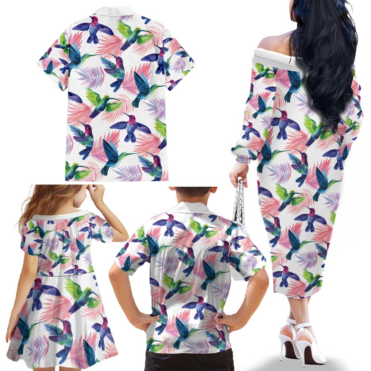 Hummingbirds Colorful Family Matching Off The Shoulder Long Sleeve Dress and Hawaiian Shirt Unique Stylized - Wonder Print Shop