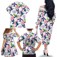 Hummingbirds Colorful Family Matching Off The Shoulder Long Sleeve Dress and Hawaiian Shirt Unique Stylized - Wonder Print Shop