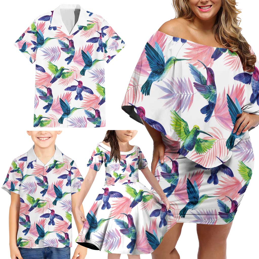 Hummingbirds Colorful Family Matching Off Shoulder Short Dress and Hawaiian Shirt Unique Stylized - Wonder Print Shop
