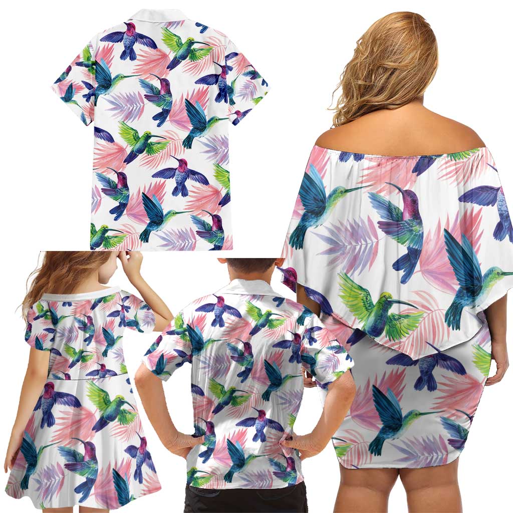 Hummingbirds Colorful Family Matching Off Shoulder Short Dress and Hawaiian Shirt Unique Stylized - Wonder Print Shop