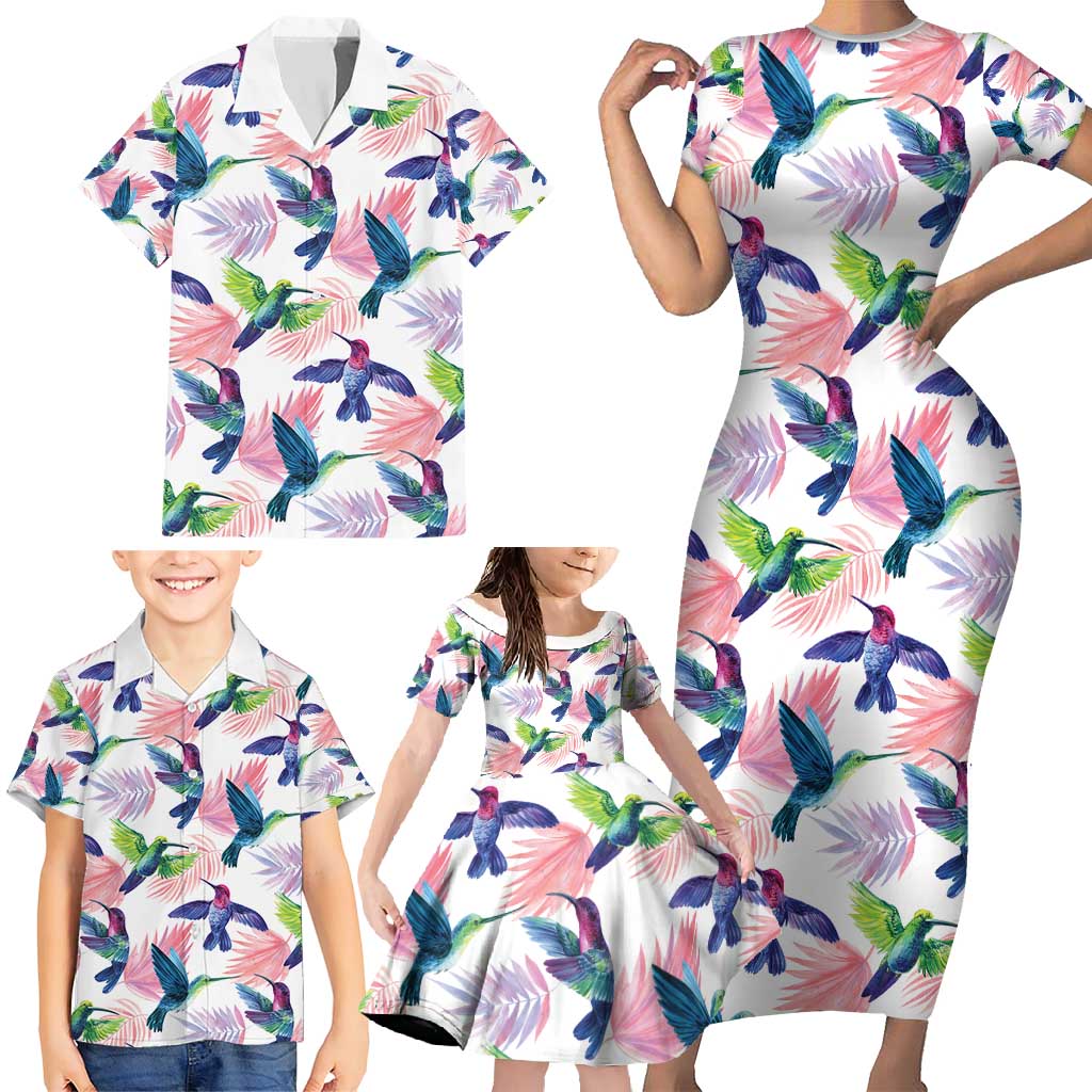 Hummingbirds Colorful Family Matching Short Sleeve Bodycon Dress and Hawaiian Shirt Unique Stylized - Wonder Print Shop