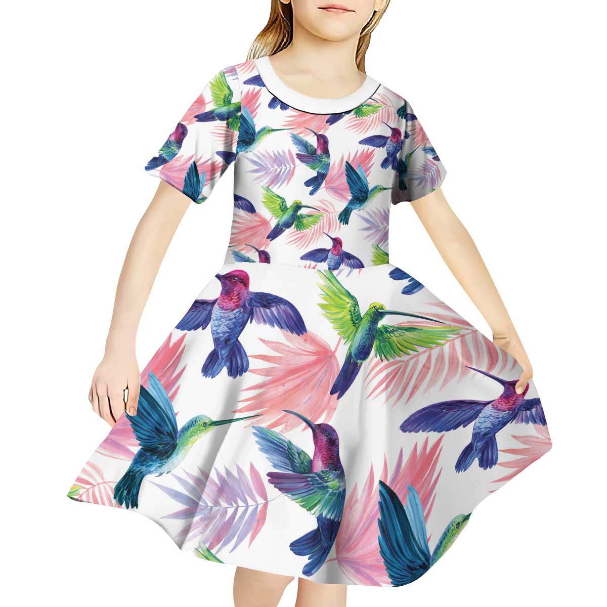 Hummingbirds Colorful Kid Short Sleeve Dress Unique Stylized - Wonder Print Shop