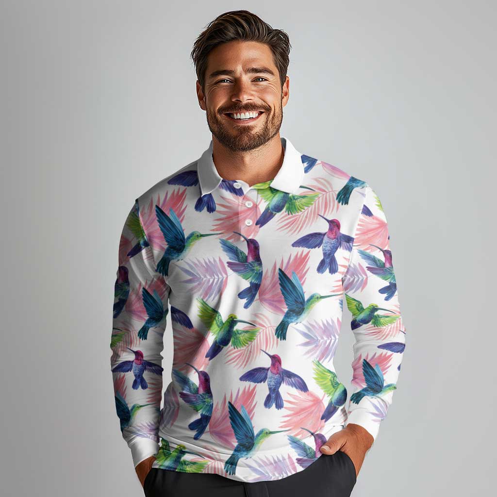 Hummingbirds Colorful Long Sleeve Polo Shirt Unique Stylized - Wonder Print Shop