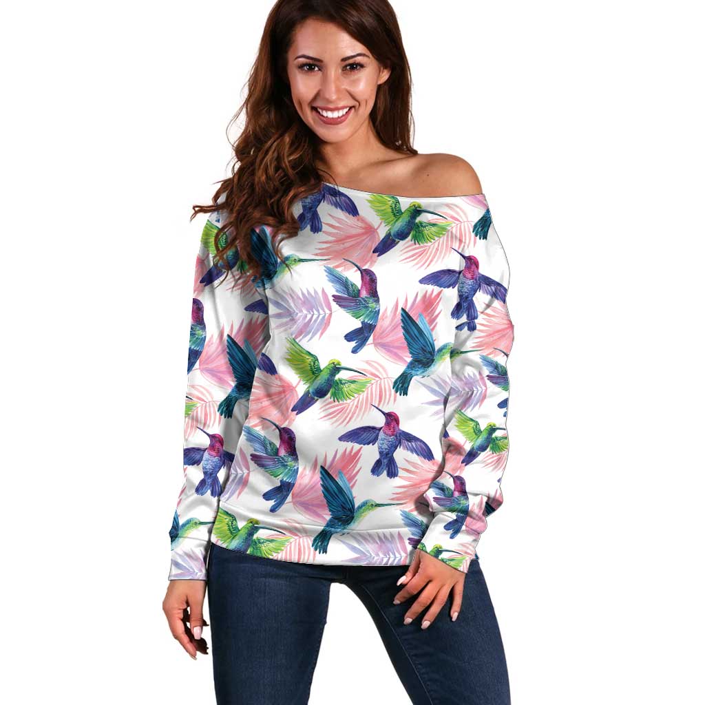 Hummingbirds Colorful Off Shoulder Sweater Unique Stylized - Wonder Print Shop
