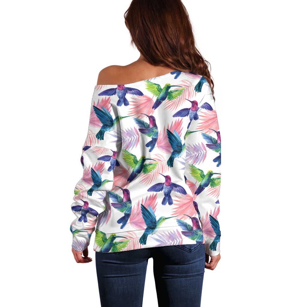 Hummingbirds Colorful Off Shoulder Sweater Unique Stylized - Wonder Print Shop
