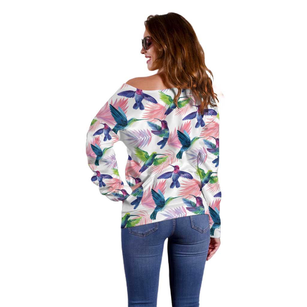 Hummingbirds Colorful Off Shoulder Sweater Unique Stylized - Wonder Print Shop