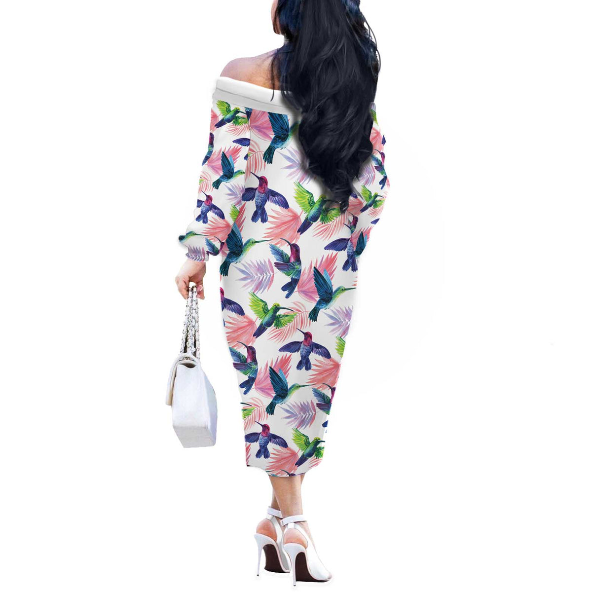 Hummingbirds Colorful Off The Shoulder Long Sleeve Dress Unique Stylized - Wonder Print Shop