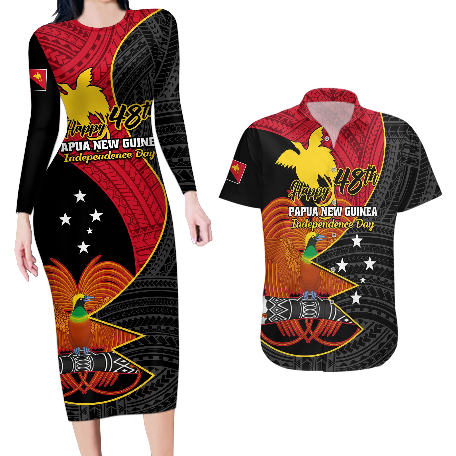 Papua New Guinea Independence Day Couples Matching Long Sleeve Bodycon Dress and Hawaiian Shirt Happy PNG 48th Anniversary - Wonder Print Shop
