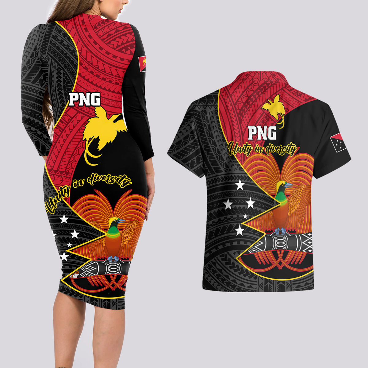 Papua New Guinea Independence Day Couples Matching Long Sleeve Bodycon Dress and Hawaiian Shirt Happy PNG 48th Anniversary - Wonder Print Shop