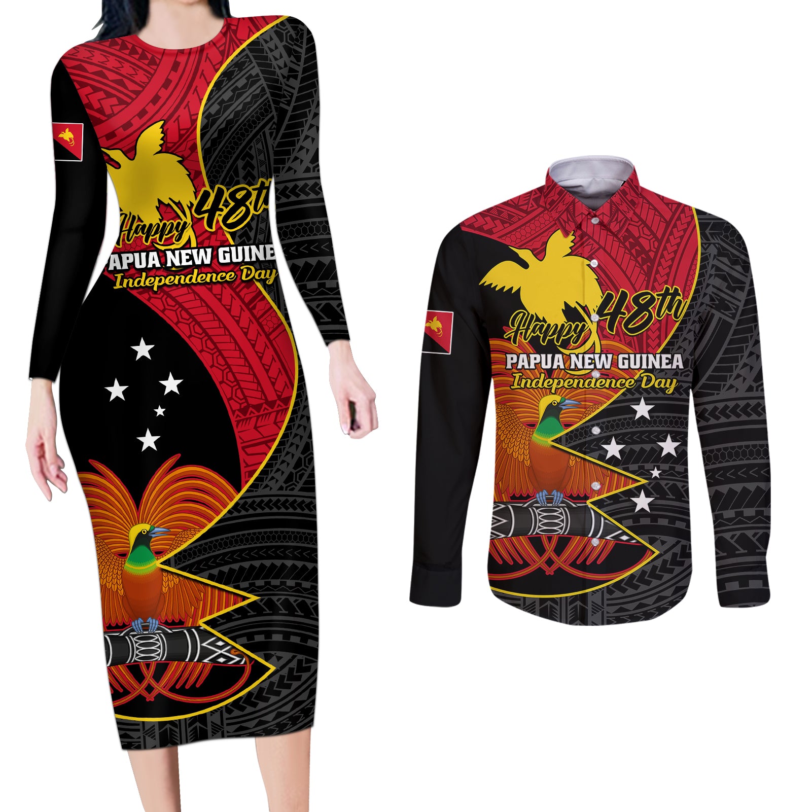 Papua New Guinea Independence Day Couples Matching Long Sleeve Bodycon Dress and Long Sleeve Button Shirts Happy PNG 48th Anniversary - Wonder Print Shop