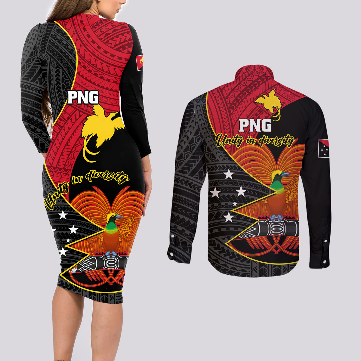 Papua New Guinea Independence Day Couples Matching Long Sleeve Bodycon Dress and Long Sleeve Button Shirts Happy PNG 48th Anniversary - Wonder Print Shop
